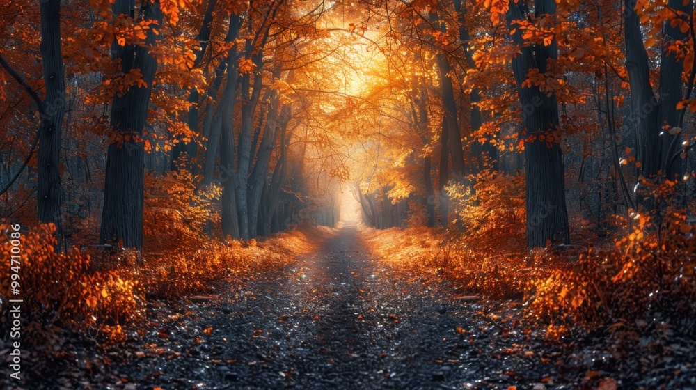 The leaf-covered pathway winds through a vibrant autumn forest. The leaf-covered pathway winds through a vibrant autumn forest.