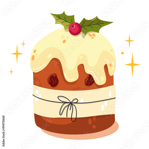 Italian panettone.  Traditional Italian Christmas pastries. Christmas cake. National cuisine of world. Panettone sweet bread Merry Christmas holiday. Vector for stickers, ad, patterns, greeting card