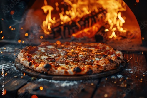 Pizza on a wooden board in front of a fire, food background photo