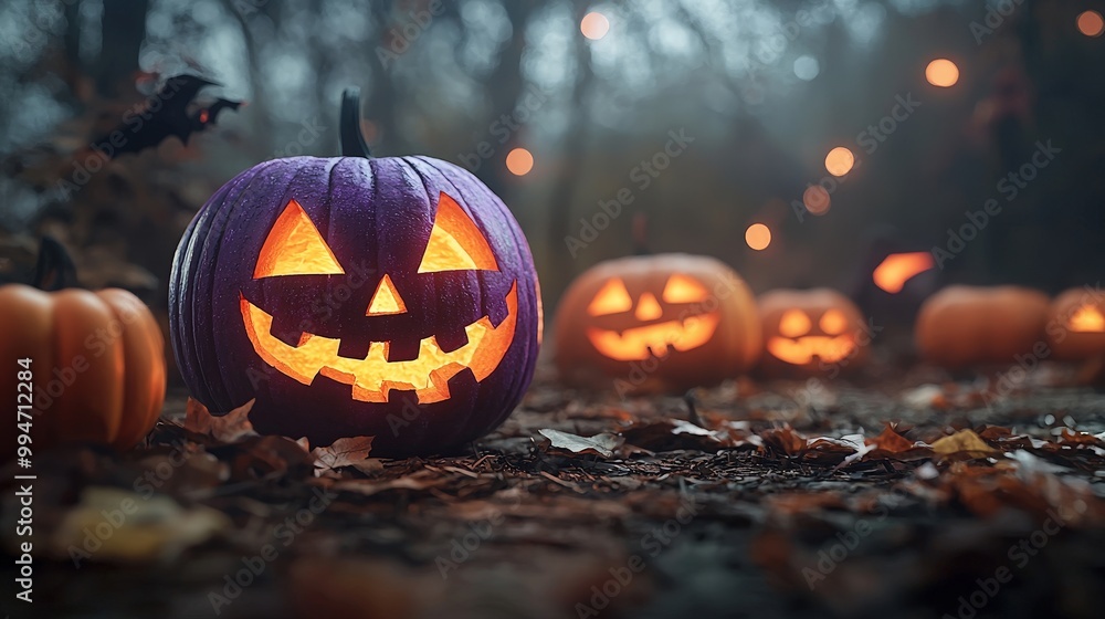 Spooky Halloween Pumpkins in Foggy Forest Spooky Halloween Pumpkins in Foggy Forest