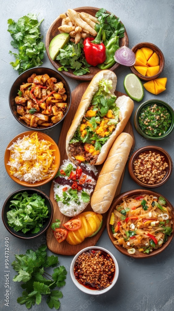 A Spread of Delicious Asian Dishes with Rice, Noodles, and Sauces A Spread of Delicious Asian Dishes with Rice, Noodles, and Sauces