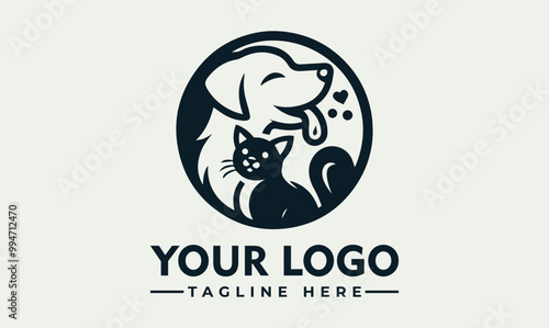 Dog and cat sitting together, dog licking cat vector logo Perfect for pet products, veterinary services, and animal behavior resources. A heartwarming scene of dog and cat displaying friendship