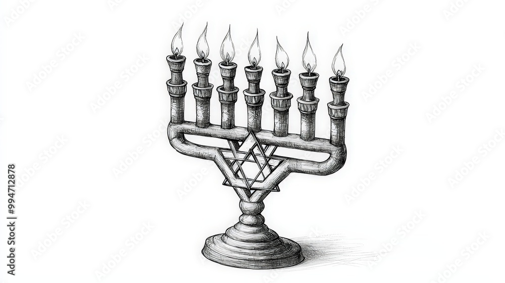 Fototapeta premium Hand Drawn Black and White Menorah with Star of David Illustration