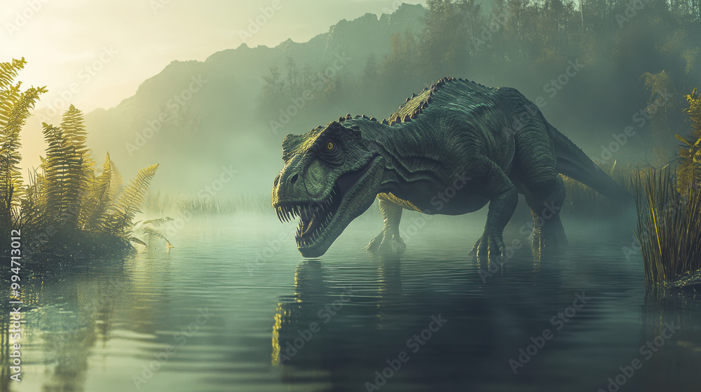 Fototapeta premium An Allosaurus prowling through a misty prehistoric swamp, its muscular body partially submerged in water. The dinosaur's sharp claws and teeth glisten, and