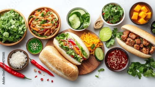 Vietnamese Banh Mi Sandwiches with Various Toppings and Ingredients