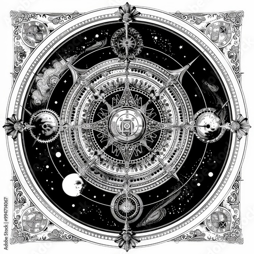 Intricate Clockwork Mandala in Black and White photo