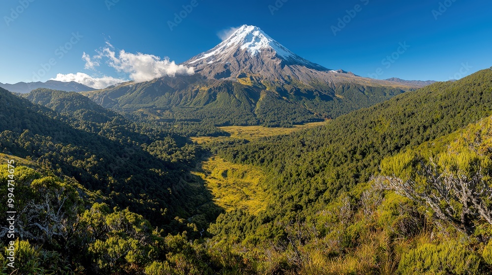 Majestic Snow Capped Mountain Peak Overlooking Lush Forest Valley Majestic Snow Capped Mountain Peak Overlooking Lush Forest Valley