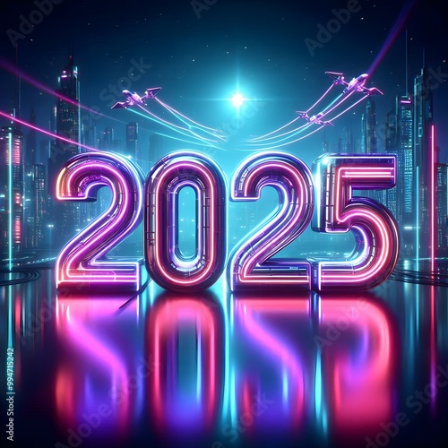 The Numbers 2025 Designed with Glowing Neon Tubes in a Futuristic Style