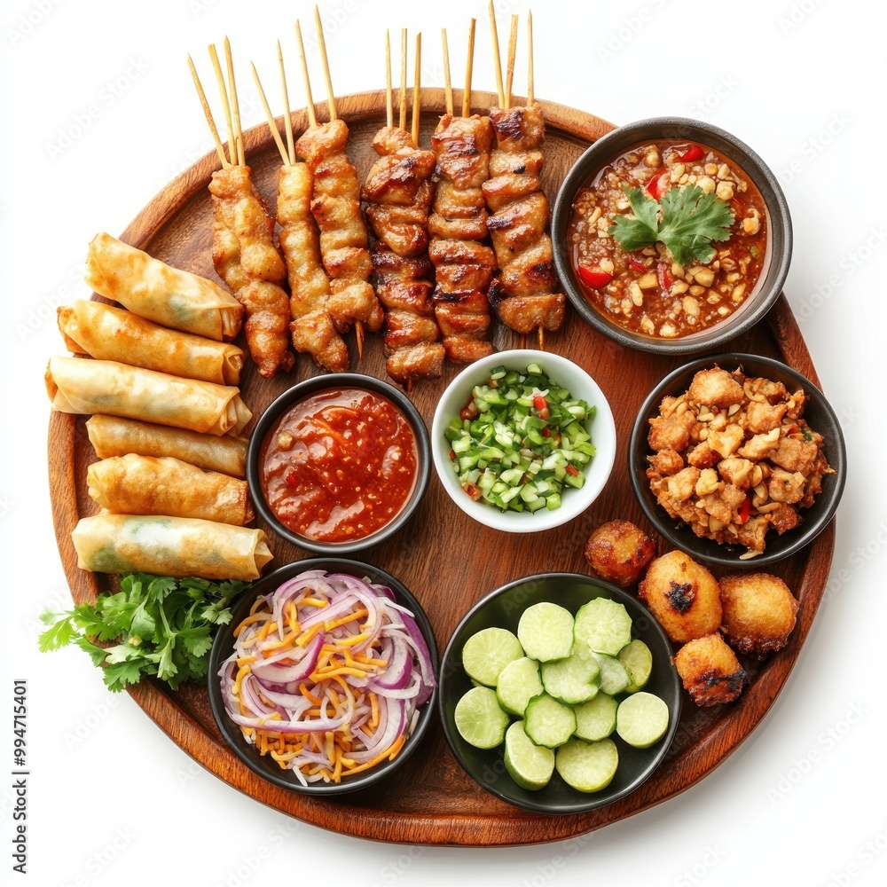 Thai Food Platter with Skewers, Spring Rolls, and Dips Thai Food Platter with Skewers, Spring Rolls, and Dips