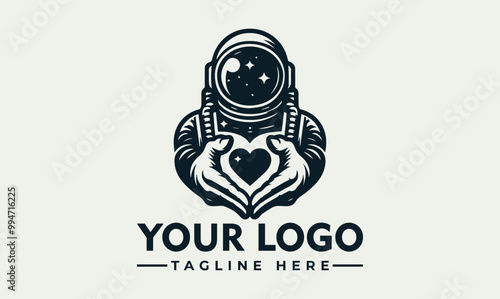 Astronaut wearing helmet, hands making heart shape vector logo astronaut showing love symbol in outer space. Suitable for space themed designs, Valentines Day, science or astronaut concepts.