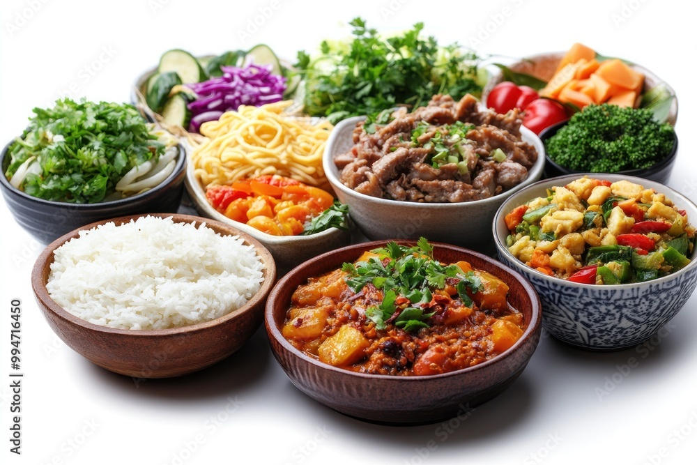 Assorted Asian Dishes in Bowls on White Background Assorted Asian Dishes in Bowls on White Background