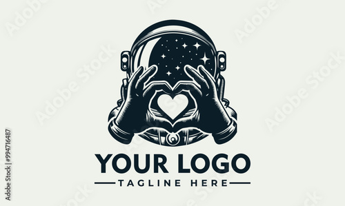 Astronaut wearing helmet, hands making heart shape vector logo astronaut showing love symbol in outer space. Suitable for space themed designs, Valentines Day, science or astronaut concepts.