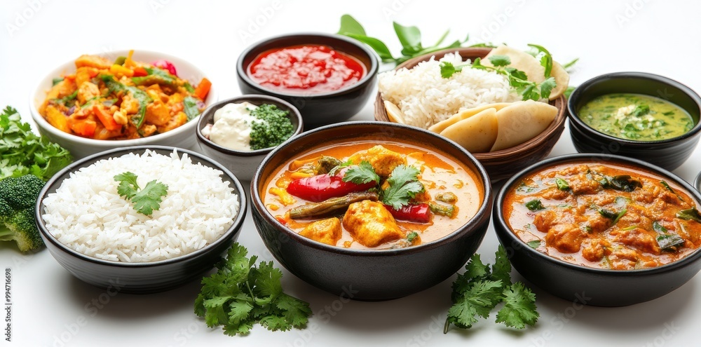 A Spread of Indian Cuisine with Curries, Rice, and Sauces A Spread of Indian Cuisine with Curries, Rice, and Sauces