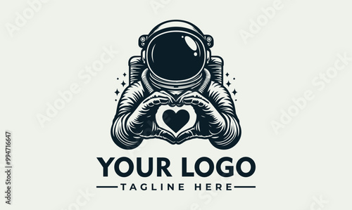 Astronaut wearing helmet, hands making heart shape vector logo astronaut showing love symbol in outer space. Suitable for space themed designs, Valentines Day, science or astronaut concepts.