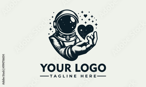 Astronaut wearing helmet, hands making heart shape vector logo astronaut showing love symbol in outer space. Suitable for space themed designs, Valentines Day, science or astronaut concepts.