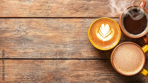 Warm Coffee Latte and Hot Chocolate on Rustic Wooden Table