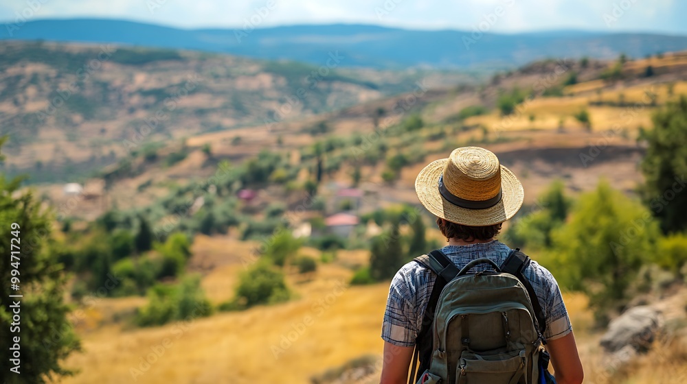 Man in Straw Hat Admiring the Scenic Mountain Landscape Man in Straw Hat Admiring the Scenic Mountain Landscape