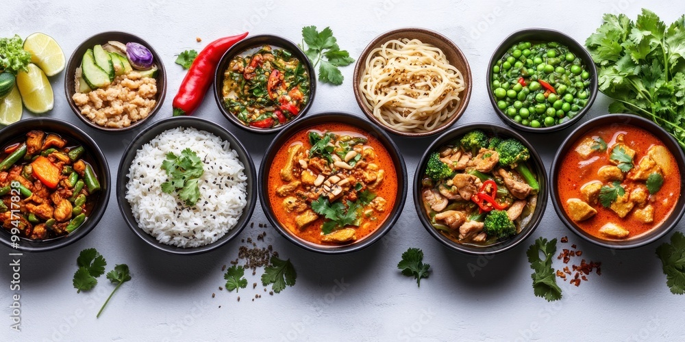A Table Setting Featuring Various Thai Curries and Accompaniments A Table Setting Featuring Various Thai Curries and Accompaniments