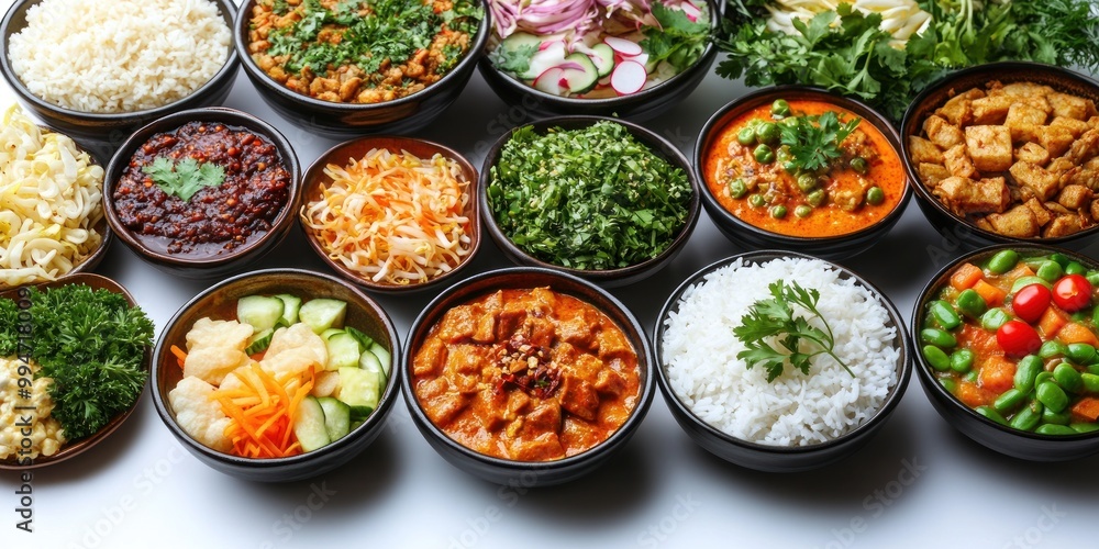 Assortment of Thai Dishes in Small Black Bowls Assortment of Thai Dishes in Small Black Bowls