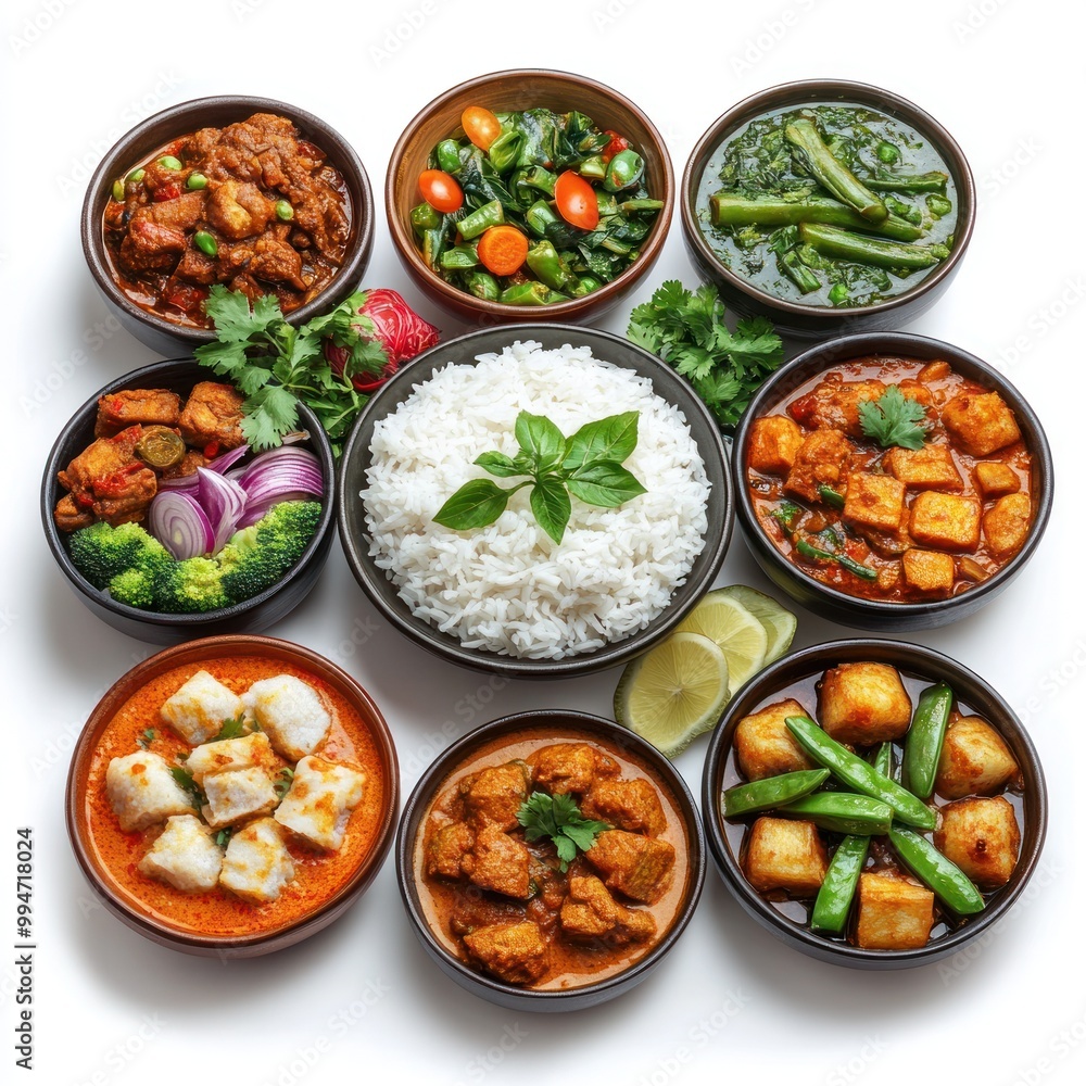 Assortment of Indian Dishes with Rice, Curries, and Vegetables Assortment of Indian Dishes with Rice, Curries, and Vegetables