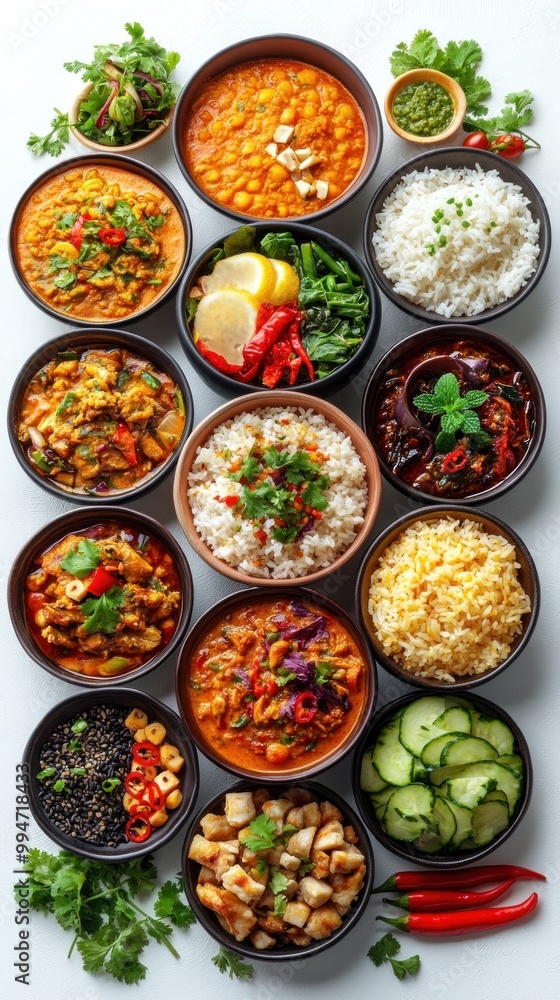 Assortment of Indian Dishes in Bowls on White Surface Assortment of Indian Dishes in Bowls on White Surface