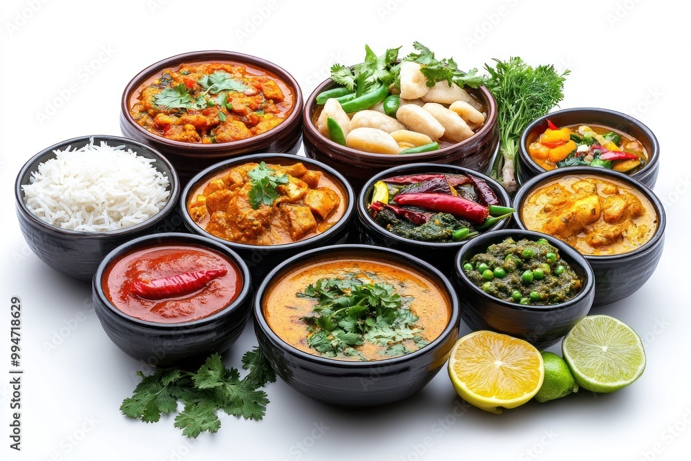 Assortment of Indian Curries and Rice in Bowls Assortment of Indian Curries and Rice in Bowls