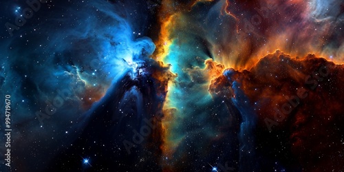 A stunning view of a nebula with vibrant blue and orange hues. This cosmic landscape features swirling clouds of gas and dust, lit by distant stars.