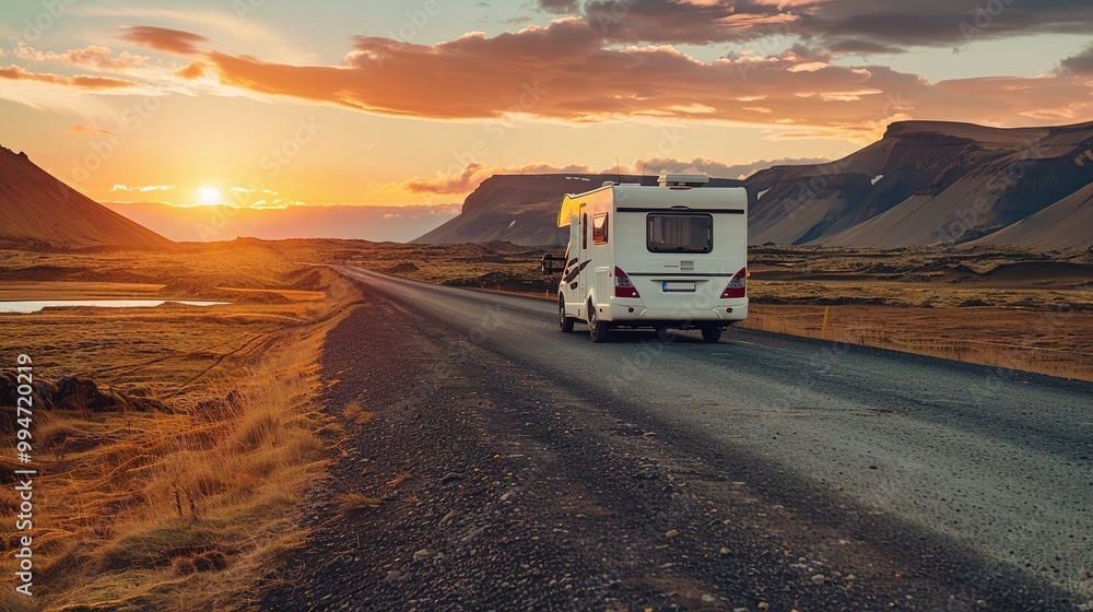 Obraz premium A white camper van drives down a road toward a sunset in the Icelandic Highlands