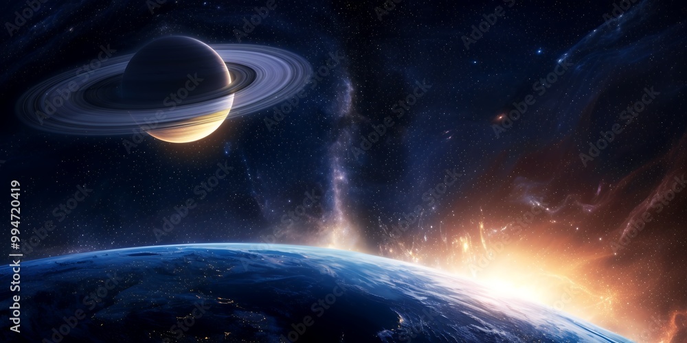 Obraz premium A stunning view of a planet with rings, as seen from another planet's surface. The vastness of space is breathtaking, and the distant stars twinkle in the background.
