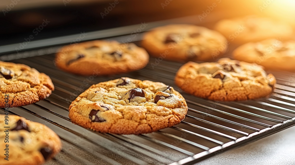 Golden Brown Chocolate Chip Cookies Cooling on Wire Rack Golden Brown Chocolate Chip Cookies Cooling on Wire Rack