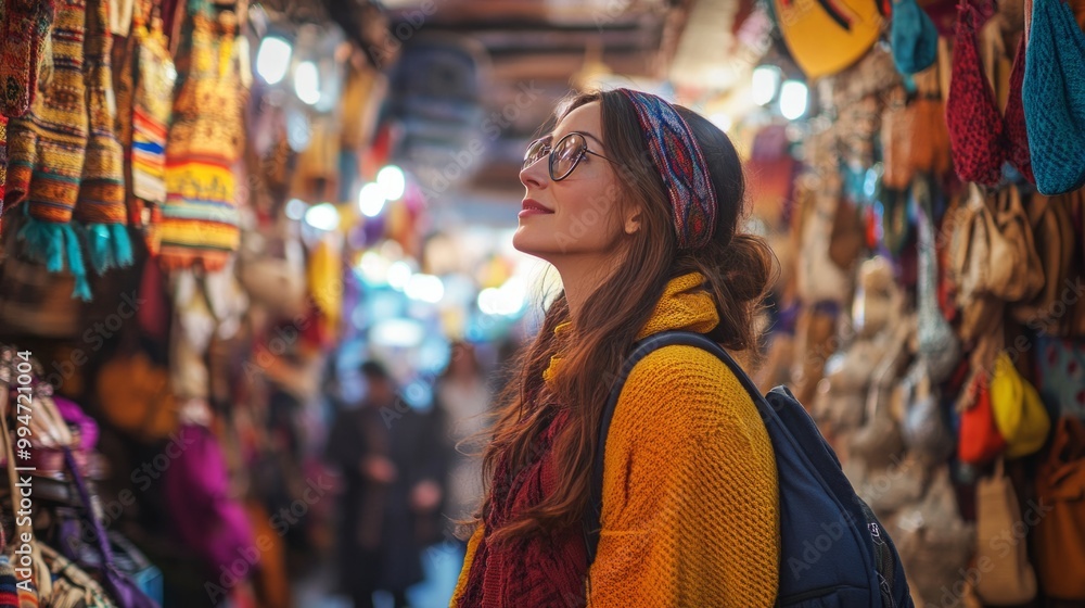 Tourist woman in a vibrant traditional market generative ai Tourist woman in a vibrant traditional market generative ai