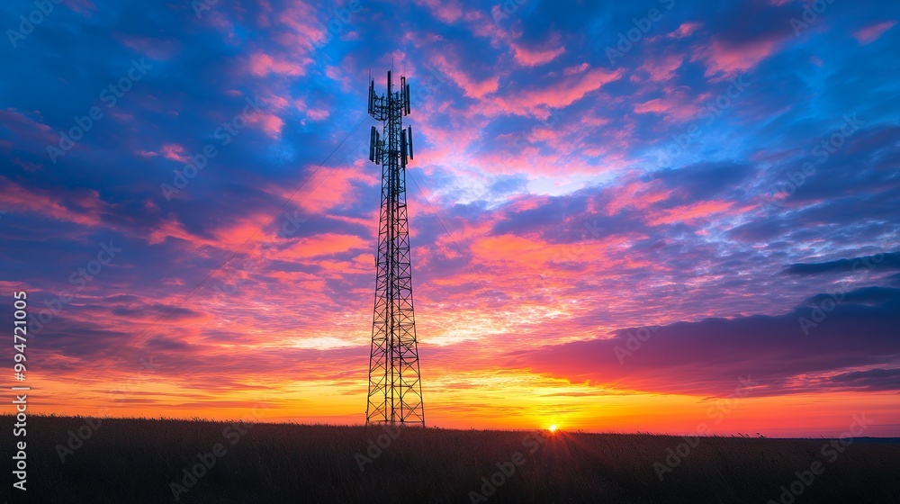 A tall cell tower stands against a vibrant sunset sky, creating a striking silhouette against the colorful clouds. A tall cell tower stands against a vibrant sunset sky, creating a striking silhouette against the colorful clouds.