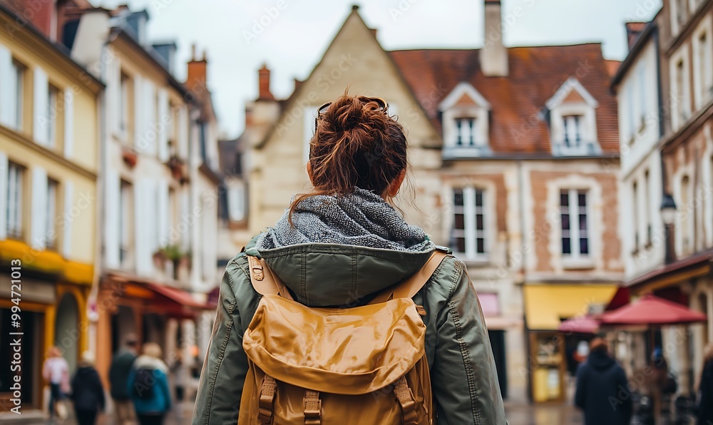 Woman with Backpack Exploring a European City Woman with Backpack Exploring a European City