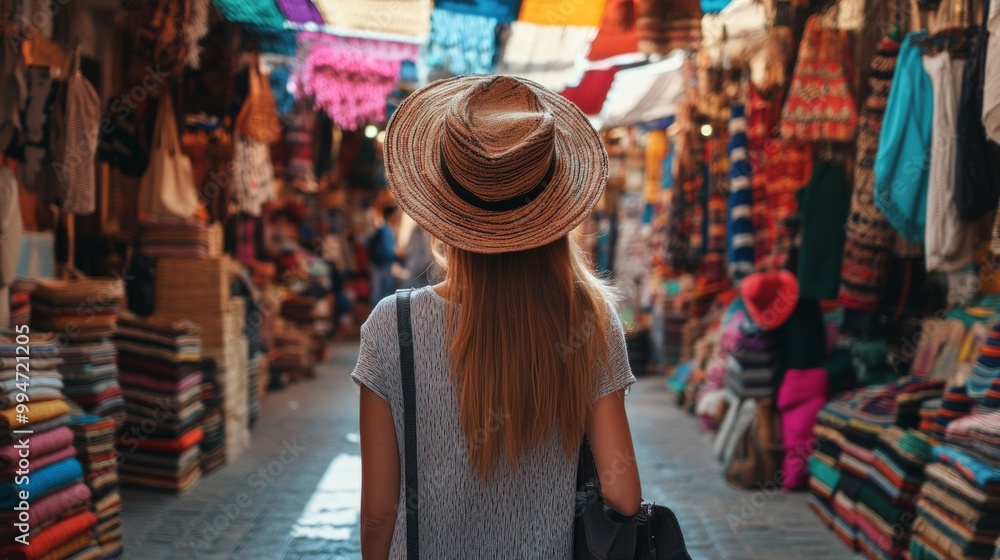 Fototapeta premium Tourist woman in a vibrant traditional market generative ai