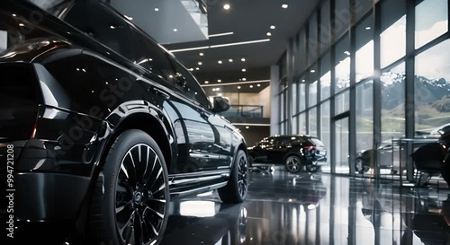 Black Luxury SUV Displayed in Modern Showroom