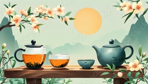 Elegance of Chinese Tea Culture: Art, Leisure, and Fashion Reflected in Qingming Festival Illustrations photo