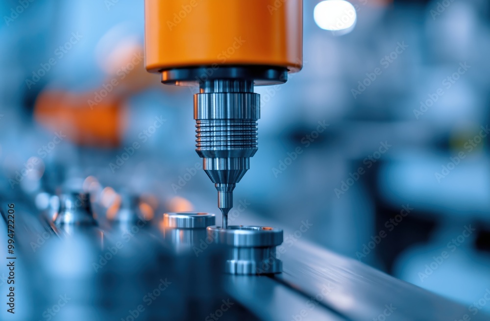 Close up detail view of robotic arm drilling and milling metal components on automated manufacturing equipment in a modern industrial workshop or factory setting Concept of advanced technology Close up detail view of robotic arm drilling and milling metal components on automated manufacturing equipment in a modern industrial workshop or factory setting Concept of advanced technology