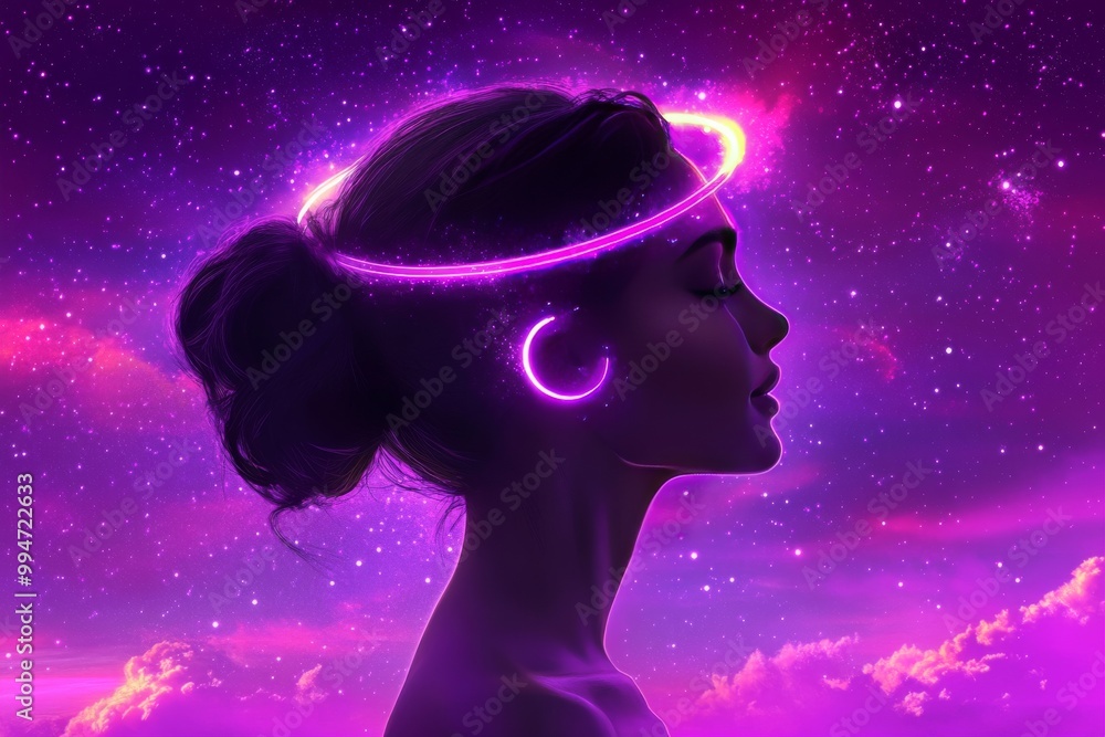 Obraz premium Side profile of a woman in neon pink light wearing a glowing headset symbolizing communication creativity and futuristic audio innovation in a digital world