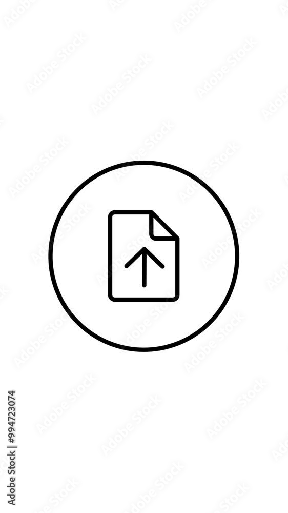 Document upload line icon inside circle, vertical video animation, arrow up, black outline, cloud. Document upload line icon inside circle, vertical video animation, arrow up, black outline, cloud.