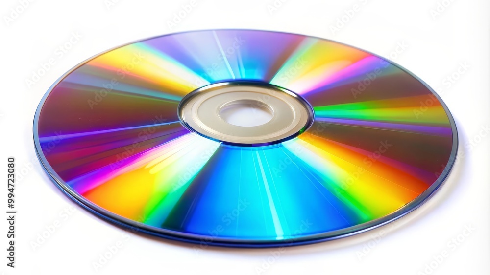 Compact disc is reflecting a spectrum of rainbow colors while laying on a white background Compact disc is reflecting a spectrum of rainbow colors while laying on a white background