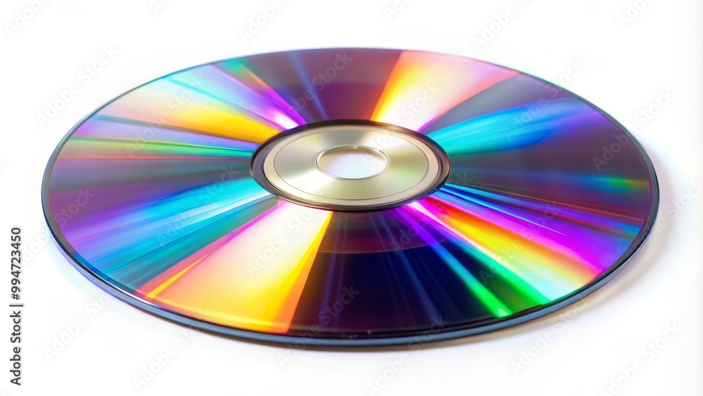 Compact disc is reflecting a spectrum of rainbow colors while laying on a white background Compact disc is reflecting a spectrum of rainbow colors while laying on a white background