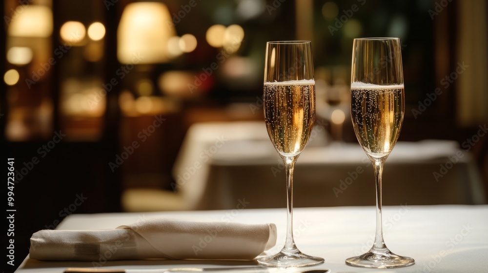 Two glasses of champagne on a beautifully set table in a private dining room. generative ai Two glasses of champagne on a beautifully set table in a private dining room. generative ai