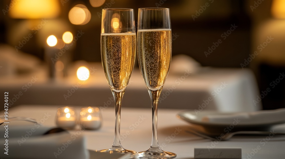 Two glasses of champagne on a beautifully set table in a private dining room. generative ai Two glasses of champagne on a beautifully set table in a private dining room. generative ai