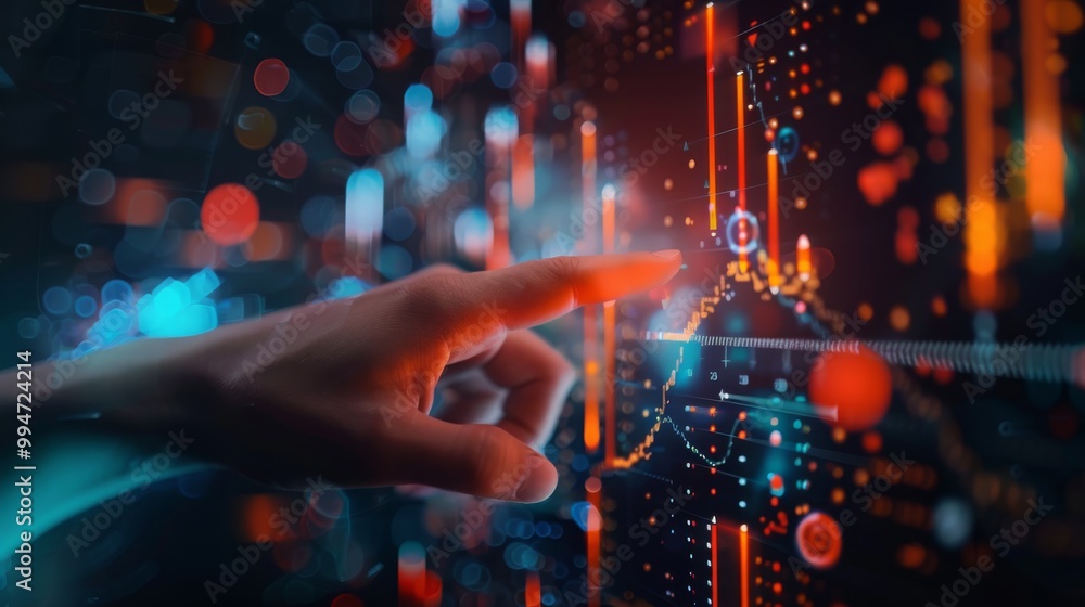 Analyst hand interacting with virtual financial data, representing strategic growth, MORE Inspirational, business concept with finger pointing at upward trend in a tech interface, dark blurred backgro Analyst hand interacting with virtual financial data, representing strategic growth, MORE Inspirational, business concept with finger pointing at upward trend in a tech interface, dark blurred backgro