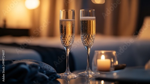 Two crystal glasses with champagne in a luxurious hotel suite. generative ai