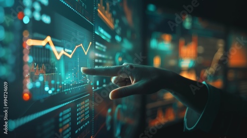 Analyst hand interacting with virtual financial data, representing strategic growth, MORE Inspirational, business concept with finger pointing at upward trend in a tech interface, dark blurred backgro