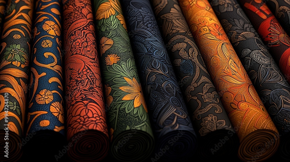 Intricate Thai Fabric Rolls with Floral and Geometric Patterns Intricate Thai Fabric Rolls with Floral and Geometric Patterns