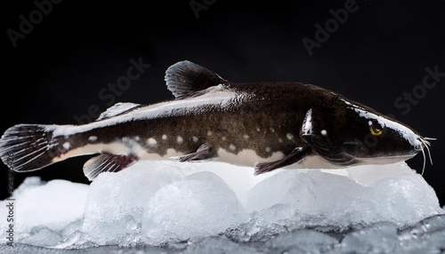 a close up burbot fish on ice and black background fresh water fish from northern rivers photo