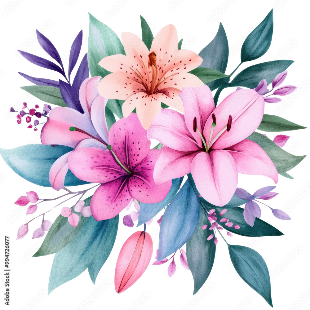 Vibrant Pink Lily Floral Bouquet With Green Leaves Botanical Arrangement Romantic Soft and Delicate Blooming Flowers Bouquet for Spring and Summer Season Vibrant Pink Lily Floral Bouquet With Green Leaves Botanical Arrangement Romantic Soft and Delicate Blooming Flowers Bouquet for Spring and Summer Season