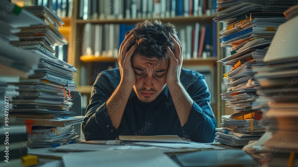 Overwhelmed Man Surrounded by Stacks of Paper Overwhelmed Man Surrounded by Stacks of Paper
